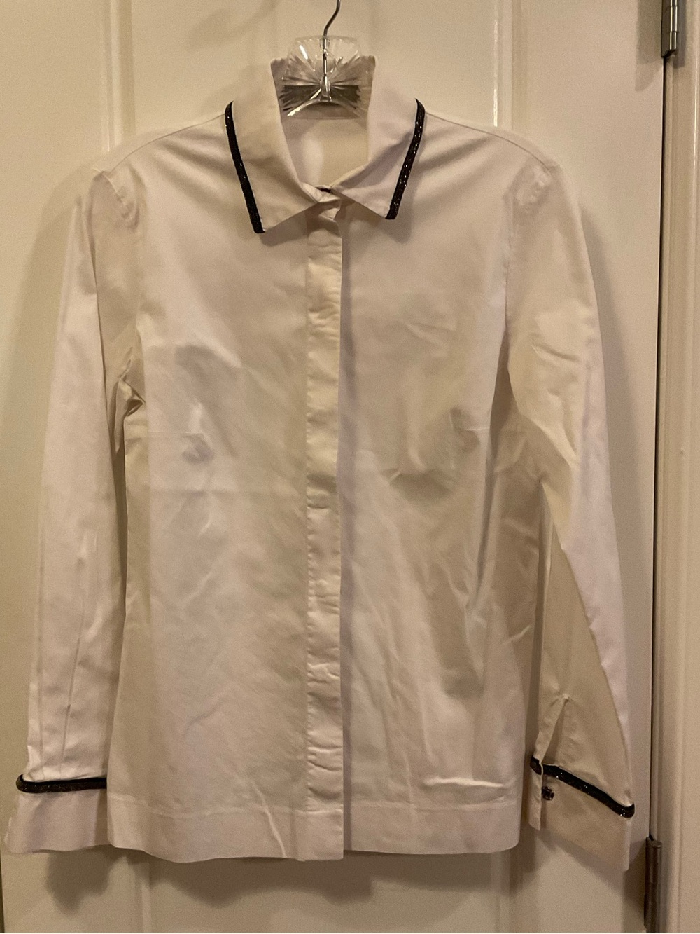 D. Exterior Italian Luxury-ware White with Black Beaded Trim Shirt - XS